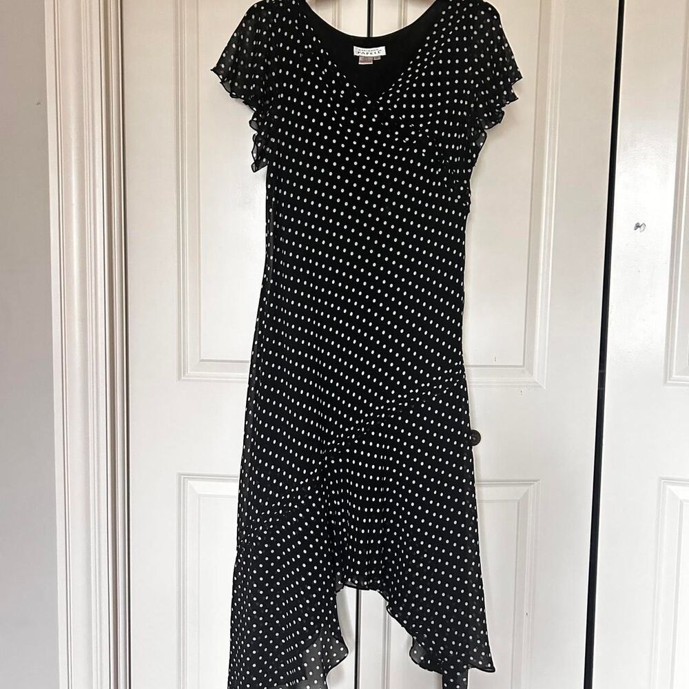 Vtg Y2K Silk Polka Dot Midi Dress Asymmetric Ruffle Whimsigoth Fairycore 14